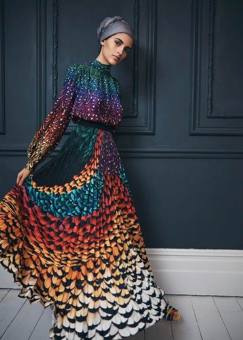a colorful silk dress designed by Mary Katrantzou