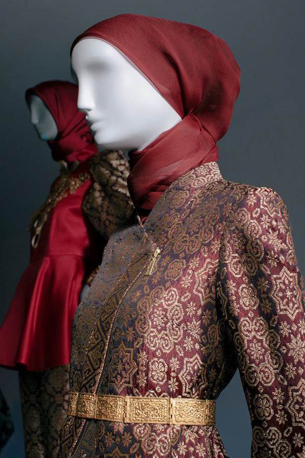 red silk ensemble by designer Dian Pelangi